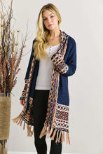 Boho navy blue Aztec border cardigan with fringe hem and patterned sleeves