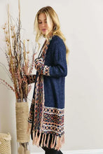 Navy blue Aztec border cardigan with fringe hem and patterned sleeves