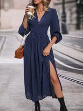 Elegant navy blue chiffon dress with high slit and 3/4 sleeve length