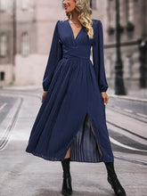 Navy blue chiffon pleated dress with long sleeve length and high slit