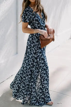 Navy floral surplice short sleeve maxi dress with ruffles