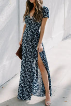 Navy Blue Floral Surplice Short Sleeve Maxi Dress with High Slit
