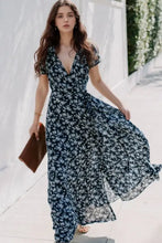 Navy blue floral surplice short sleeve maxi dress with V-neck