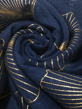Navy Blue Ginkgo Leaf Polyester Scarf with Gold Striped Pattern