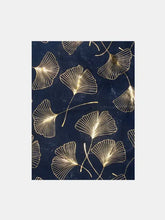 Navy blue ginkgo leaf polyester scarf with gold striped pattern