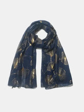 Navy blue ginkgo leaf polyester scarf with gold striped pattern