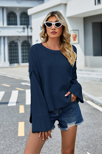 Navy Blue Knit Sweater for Women Long Sleeve Pullover Peacock Blue