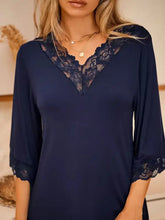 Navy Blue Lace Trim Nightgown Polyester Cotton Blend Dresses