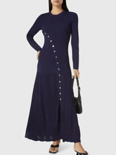Navy Blue Long Sleeve Knit Dress with Decorative Buttons Dark Blue One Size