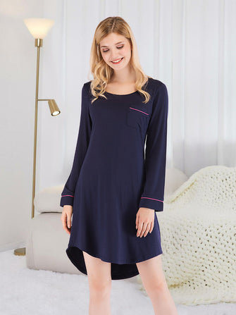 Navy Blue Long Sleeve Nightgown with Pink Trim Dark Navy