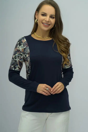 Navy Blue Long Sleeve Top with Patterned Sleeves and Round Neck Dark Blue Woman T Shirts