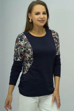 Navy Blue Long Sleeve Top with Patterned Sleeves and Round Neck Woman T Shirts