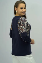 Navy Blue Long Sleeve Top with Patterned Sleeves and Round Neck Woman T Shirts