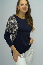 Navy Blue Long Sleeve Top with Patterned Sleeves and Round Neck Woman T Shirts