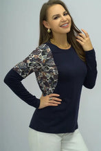 Navy Blue Long Sleeve Top with Patterned Sleeves and Round Neck Woman T Shirts