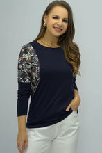 Navy Blue Long Sleeve Top with Patterned Sleeves and Round Neck Woman T Shirts