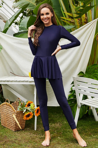 Navy Blue Modest Swimsuit with Basic Style and Stretchy Material Dark Blue