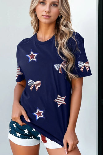 Navy Blue Patriotic Star and Bow Sequin T-Shirt for Women Navy
