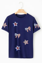 Navy Blue Patriotic Star and Bow Sequin T-Shirt for Women Woman T Shirts