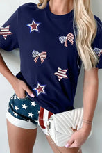 Navy Blue Patriotic Star and Bow Sequin T-Shirt for Women Woman T Shirts
