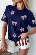 Navy Blue Patriotic Star and Bow Sequin T-Shirt for Women Woman T Shirts