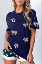 Navy Blue Patriotic Star and Bow Sequin T-Shirt for Women