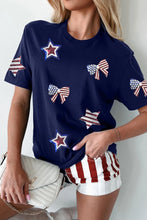 Navy Blue Patriotic Star and Bow Sequin T-Shirt for Women