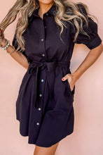 Navy blue puff sleeve mini shirt dress with belt and pockets