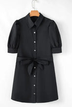 Navy blue puff sleeve mini shirt dress with belt, pockets, and bow waist