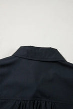 Navy blue puff sleeve mini shirt dress with belt, pockets, ruffles