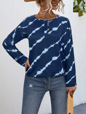 Navy Blue Tie Dye Long Sleeve Shirt for Women Peacock Blue