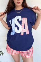 Navy Blue USA Letter Round Neck Graphic Tee for Women Navy