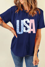 Navy Blue USA Letter Round Neck Graphic Tee for Women