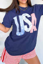 Navy Blue USA Letter Round Neck Graphic Tee for Women