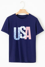 Navy Blue USA Letter Round Neck Graphic Tee for Women Woman T Shirts