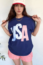 Navy Blue USA Letter Round Neck Graphic Tee for Women