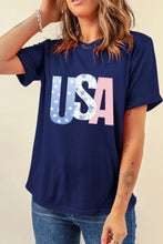 Navy Blue USA Letter Round Neck Graphic Tee for Women