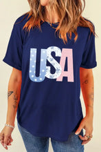 Navy Blue USA Letter Round Neck Graphic Tee for Women Woman T Shirts