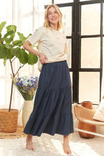 Navy Blue Waist Band Tiered Denim Maxi Skirt for Women DK DENIM Woman Skirts