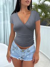 Navy Blue Wrap Top with Distressed Denim Shorts for Women Dark Gray Woman T Shirts