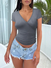 Navy Blue Wrap Top with Distressed Denim Shorts for Women Woman T Shirts