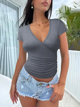 Navy Blue Wrap Top with Distressed Denim Shorts for Women Woman T Shirts