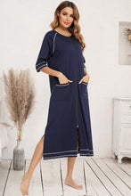 Navy Blue Zip Up Robe with Pockets and Sleeve Length Options Dark Navy
