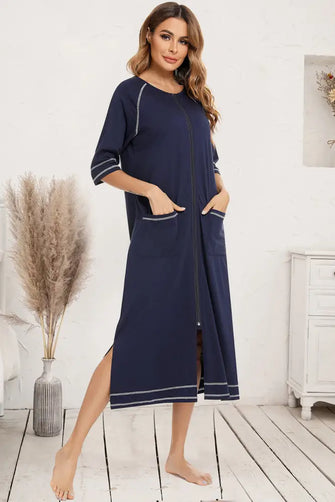 Navy Blue Zip Up Robe with Pockets and Sleeve Length Options Dark Navy Sleep Dresses
