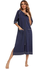 Navy Blue Zip Up Robe with Pockets and Sleeve Length Options