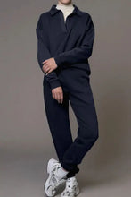 Dark blue Johnny Collar Long sleeve top and joggers active set with white sneakers