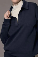 Navy blue Johnny Collar Long sleeve top from Joggers Active Set over beige turtleneck