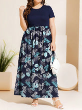 Navy Floral Maxi Dress with Round Neck and Short Sleeves Leaf