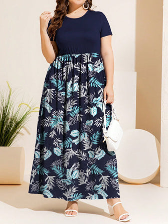 Navy Floral Maxi Dress with Round Neck and Short Sleeves Leaf
