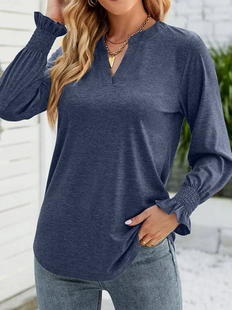 Navy Long Sleeve Blouse with Smocked Cuffs Indigo